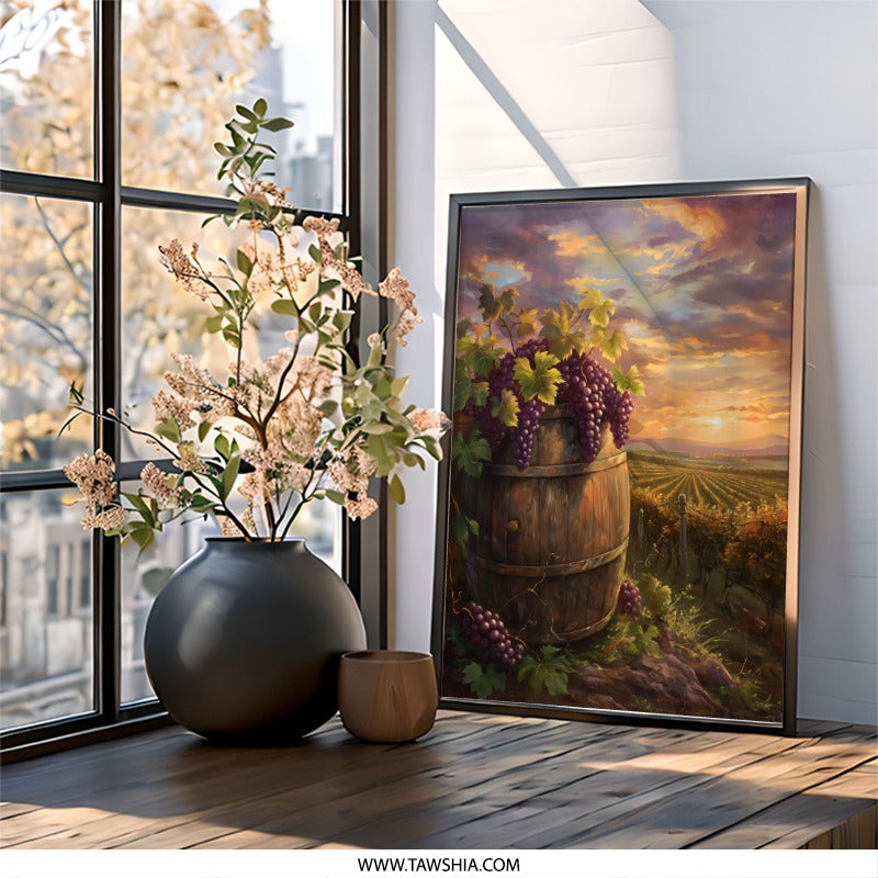 Vineyard Sunset Wall Art, Wine Country Decor, Grapes and Barrel Painting, Tuscany Landscape Print, Rustic Kitchen Wall Decor, Italian Art - Tawshia