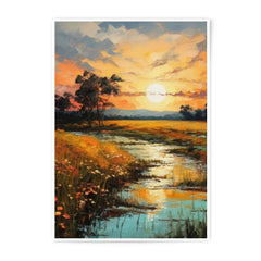 Sunset Landscape Photographic Print, Golden Field Artwork, Scenic River Wall Decor, Peaceful Nature Picture, Vibrant Sky Art - Tawshia
