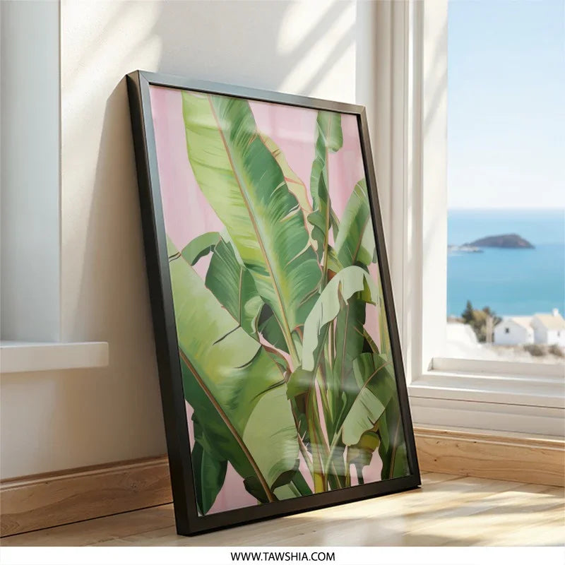 Banana Leaf Wall Art, Tropical Plant Print, Pink Background Art, Botanical Decor, Exotic Leaf Art, Nature Inspired Wall Decor - Tawshia