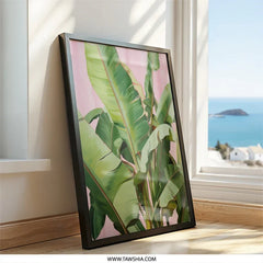 Banana Leaf Wall Art, Tropical Plant Print, Pink Background Art, Botanical Decor, Exotic Leaf Art, Nature Inspired Wall Decor - Tawshia