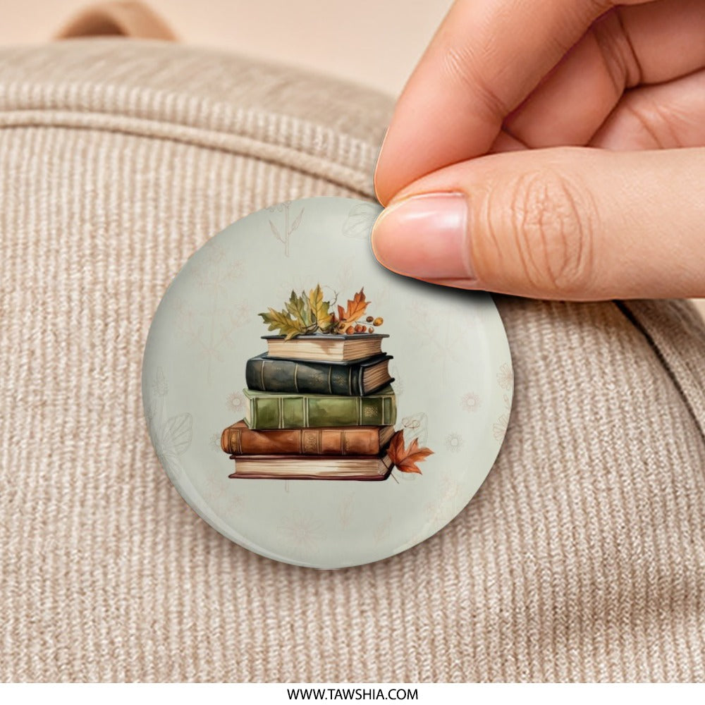 Fall Books Pinback Button, Autumn Leaves, Book Lover Gift, Librarian Badge, Cozy Decor, Literary Style, Academic Aesthetic - Tawshia