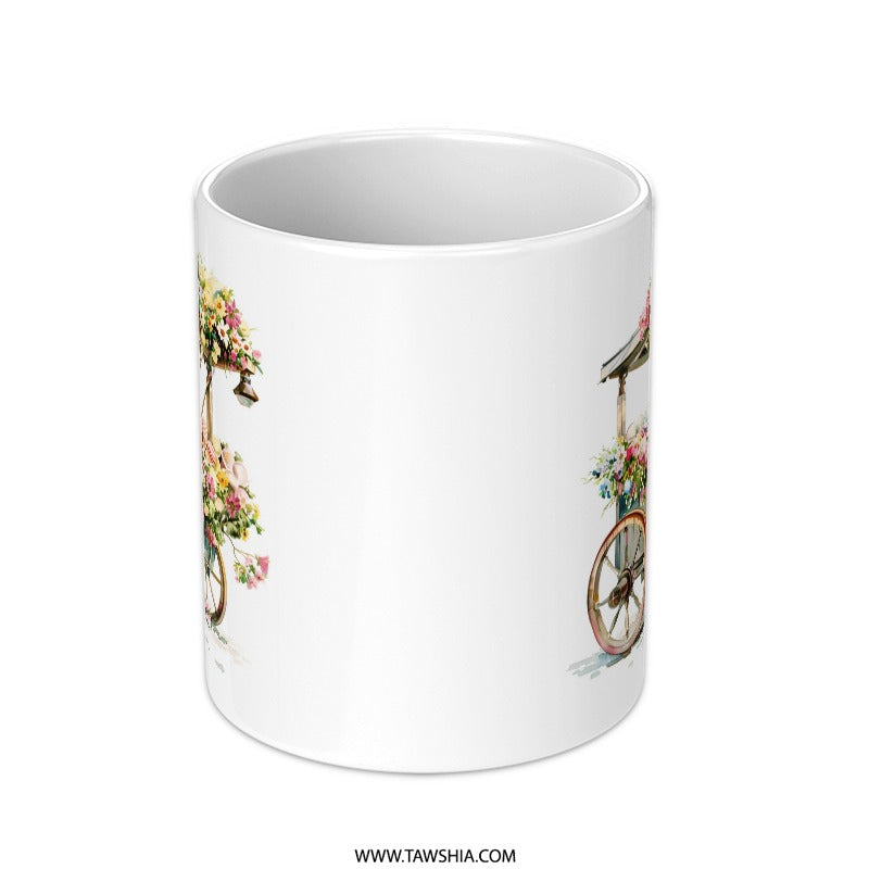 Floral Ice Cream Cart Mug, Watercolor Flower Cart Coffee Mug, Cute Food Cart Mug, Unique Flower Bouquet Mug, Whimsical Coffee Cup, Gift Mug - Tawshia