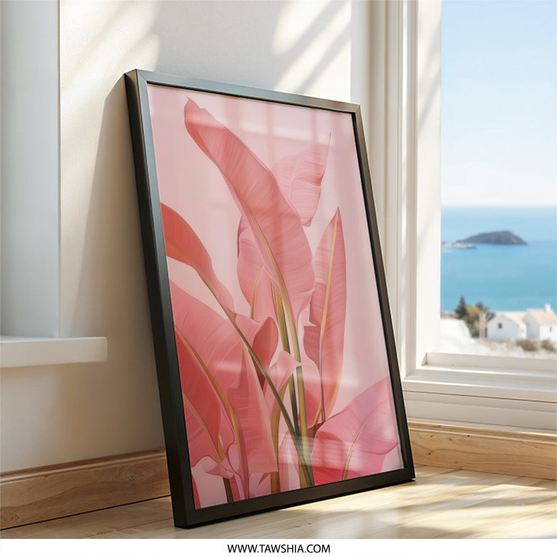 Pink Banana Leaf Wall Art, Tropical Plant Print, Modern Botanical Decor, Pastel Pink Wall Decor, Nature Inspired Art - Tawshia