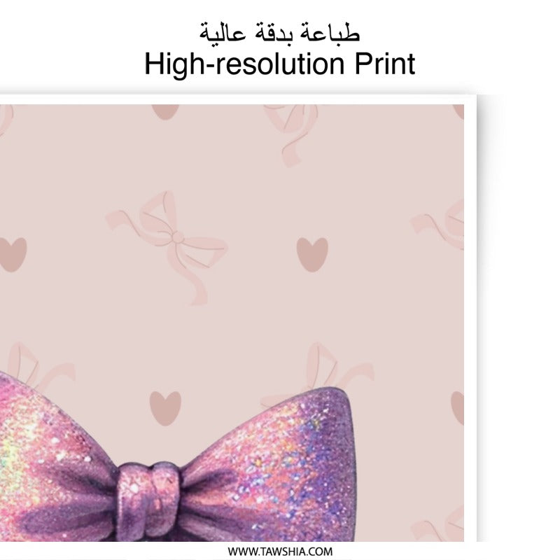 Glitter Bow Photographic Print, Pink Bow Art, Girly Wall Decor, Nursery Print, Cute Art Print, Gift for Girls, Bow and Hearts Print - Tawshia