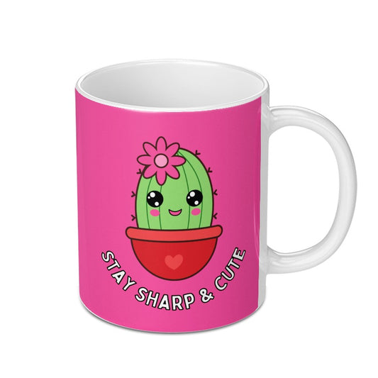 Cute Cactus Mug, Stay Sharp and Cute, Kawaii Mug, Gift for Plant Lover, Funny Coffee Mug, Unique Mug Design, Pink Mug, Novelty Mug - Tawshia