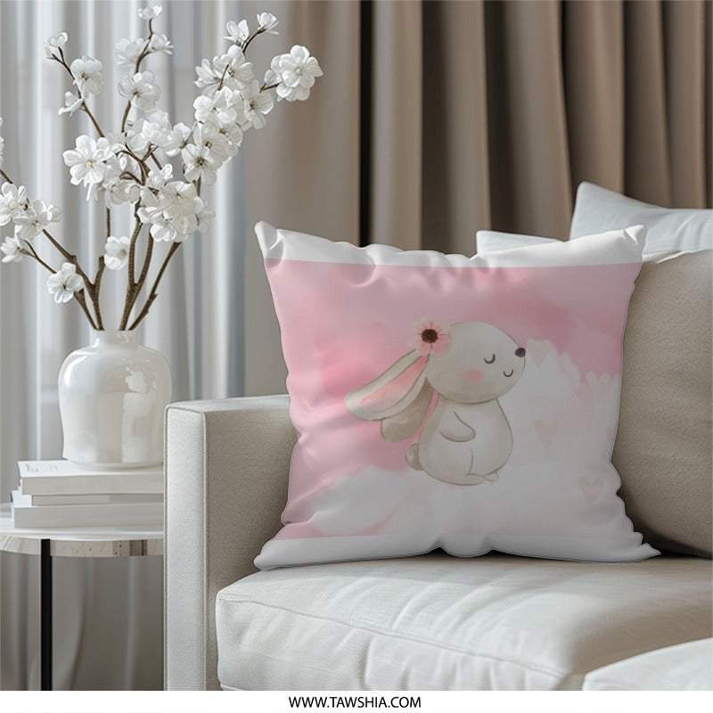 Cute Bunny Pillow, Flower Crown Rabbit, Pastel Nursery Decor, Baby Girl Pillow, Kids Room Decor, Bunny Rabbit Pillow, Easter Pillow - Tawshia