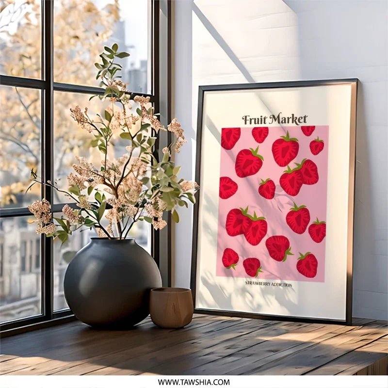 Strawberry Wall Art, Fruit Market Print, Strawberry Addiction, Kitchen Decor, Pink Wall Art, Berry Art, Foodie Gift, Modern Wall Decor - Tawshia