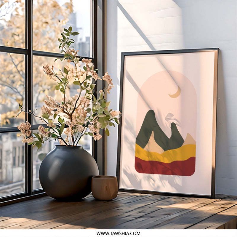 Minimalist Mountain Moon Wall Art, Abstract Landscape Print, Boho Home Decor, Earth Tone Art, Contemporary Wall Decor - Tawshia