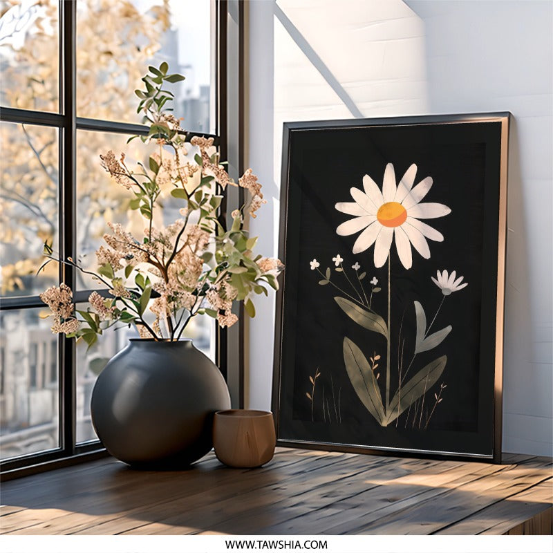 Daisy Wall Art, Floral Home Decor, Botanical Print, Modern Flower Art, Minimalist Decor, White Daisy Artwork, Flower Wall Hanging - Tawshia