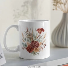 Floral Bouquet Mug, Burgundy Flowers Coffee Mug, Rustic Autumn Design, Fall Flower Lover Gift, Botanical Art Mug - Tawshia