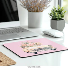 Floral Car Mouse Pad, Cute Mousepad, Car with Flowers, Pastel Pink Desk Decor, Aesthetic Desk Accessories, Office Decor, Computer Pad - Tawshia