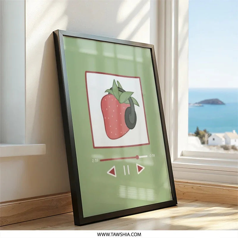 Strawberry DJ Wall Art, Cute Foodie Print, Kitchen Decor, Playful Music Lover Gift, Modern Home Decor, Trendy Wall Hanging - Tawshia