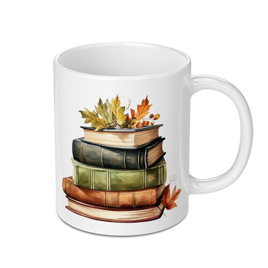 Fall Reading Mug, Book Lover Gift, Autumn Decor Coffee Mug, Cozy Season Drinkware, Stacked Books and Leaves Mug, Literary Gifts - Tawshia