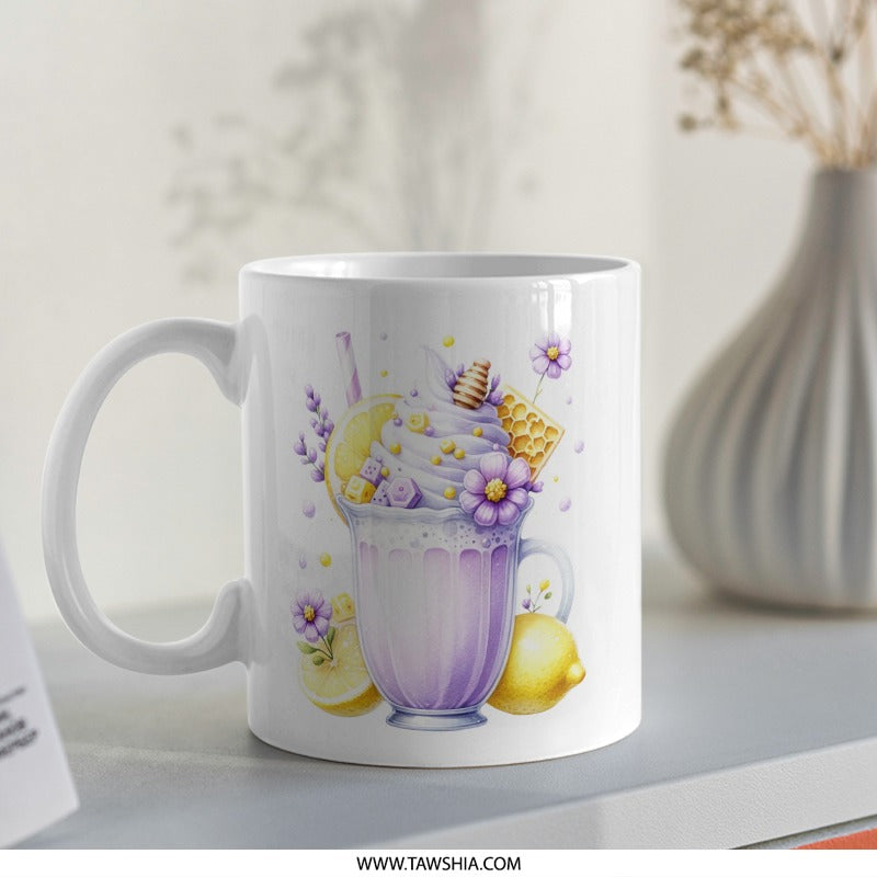 Lemonade Mug, Watercolor Mug, Floral Drink Mug, Summer Drink Mug, Purple Flowers Mug, Dessert Mug, Honeycomb Mug - Tawshia