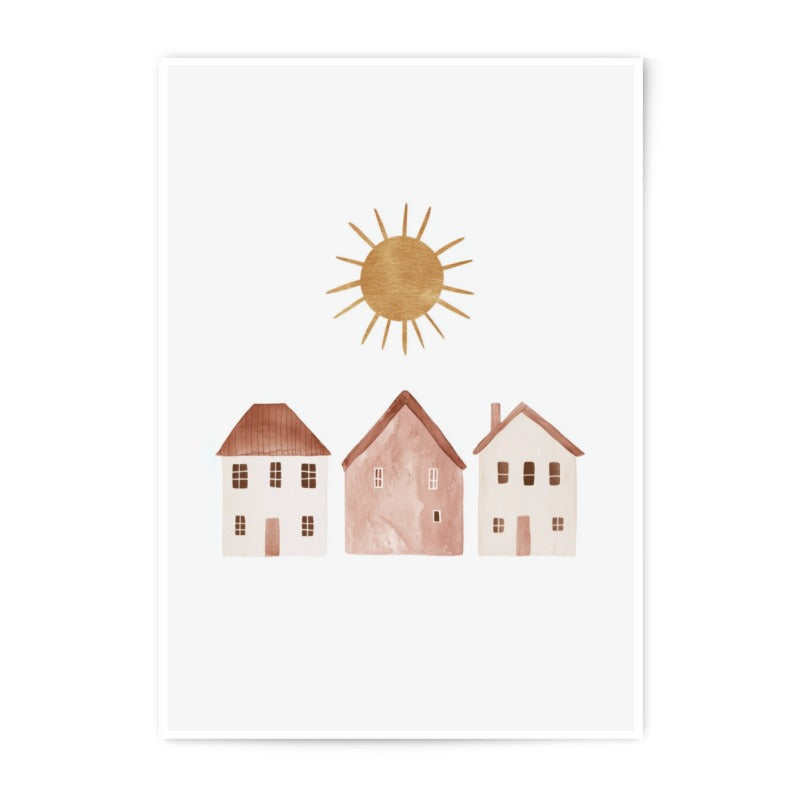 Watercolor Houses Photographic Print, Kids Room Decor, Sunshine Art, Nursery Wall Art, Playroom Art, Childrens Art, Cute House Picture - Tawshia