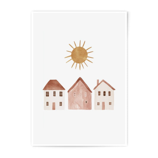 Watercolor Houses Photographic Print, Kids Room Decor, Sunshine Art, Nursery Wall Art, Playroom Art, Childrens Art, Cute House Picture - Tawshia