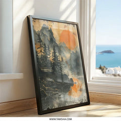 Japanese Landscape Wall Art, Sunset Mountain Print, Asian Inspired Home Decor, Peaceful Scenery Painting, Minimalist Art, Nature Poster - Tawshia