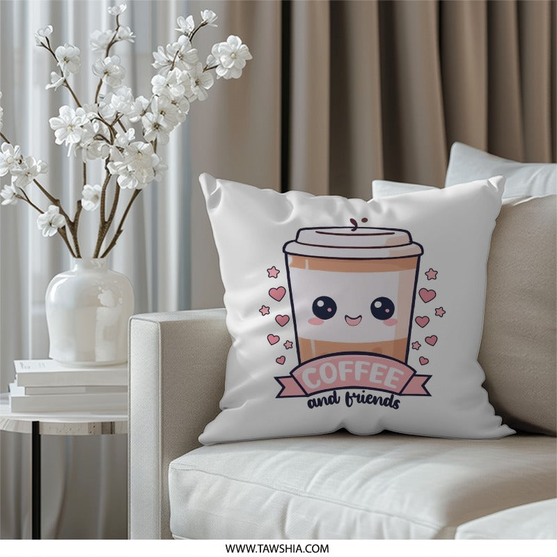 Coffee and Friends Pillow, Cute Coffee Design Pillow, Kawaii Style Decor Pillow, Cozy Home Decor Pillow, Gift for Coffee Lovers - Tawshia