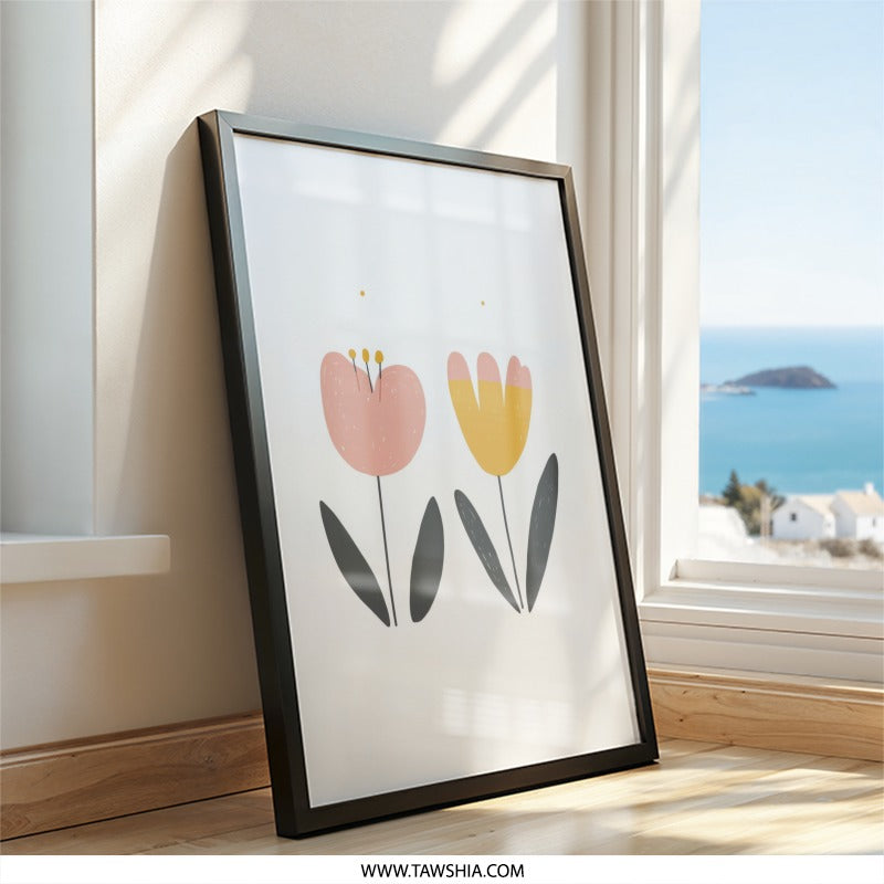 Pink Yellow Flower Wall Art, Floral Print, Minimalist Art, Scandinavian Wall Decor, Modern Art Print, Home Decor Wall Art - Tawshia