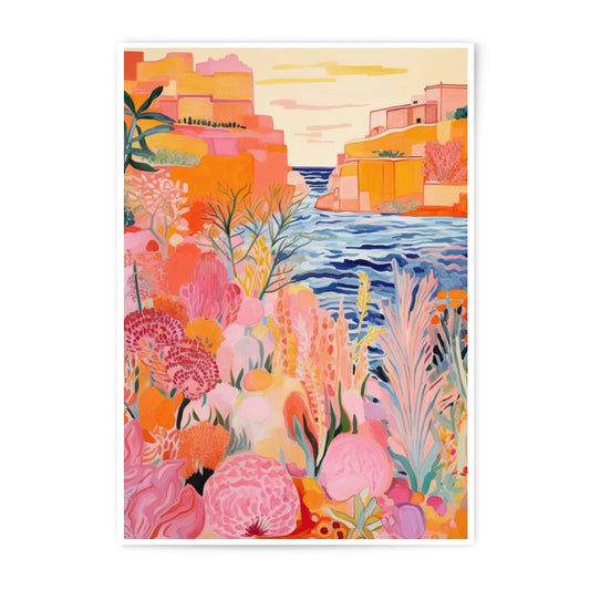 Coastal Town Photographic Print, Colorful Landscape Art, Mediterranean Decor, Orange Buildings Fine Art, Botanical Wall Art, Vibrant Scenery - Tawshia
