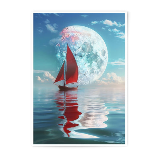 Red Sailboat Photographic Print, Moonlit Ocean Art, Fantasy Sailboat Decor, Surreal Seascape Photo, Coastal Wall Art, Nautical Gift Idea - Tawshia