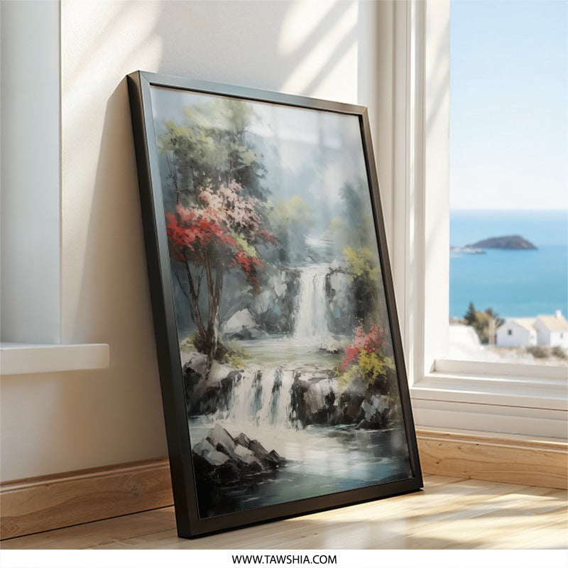 Serene Waterfall Wall Art, Landscape Painting Print, Nature Scenery, Calming Decor, Forest Waterfall Art, Peaceful Home Decor - Tawshia