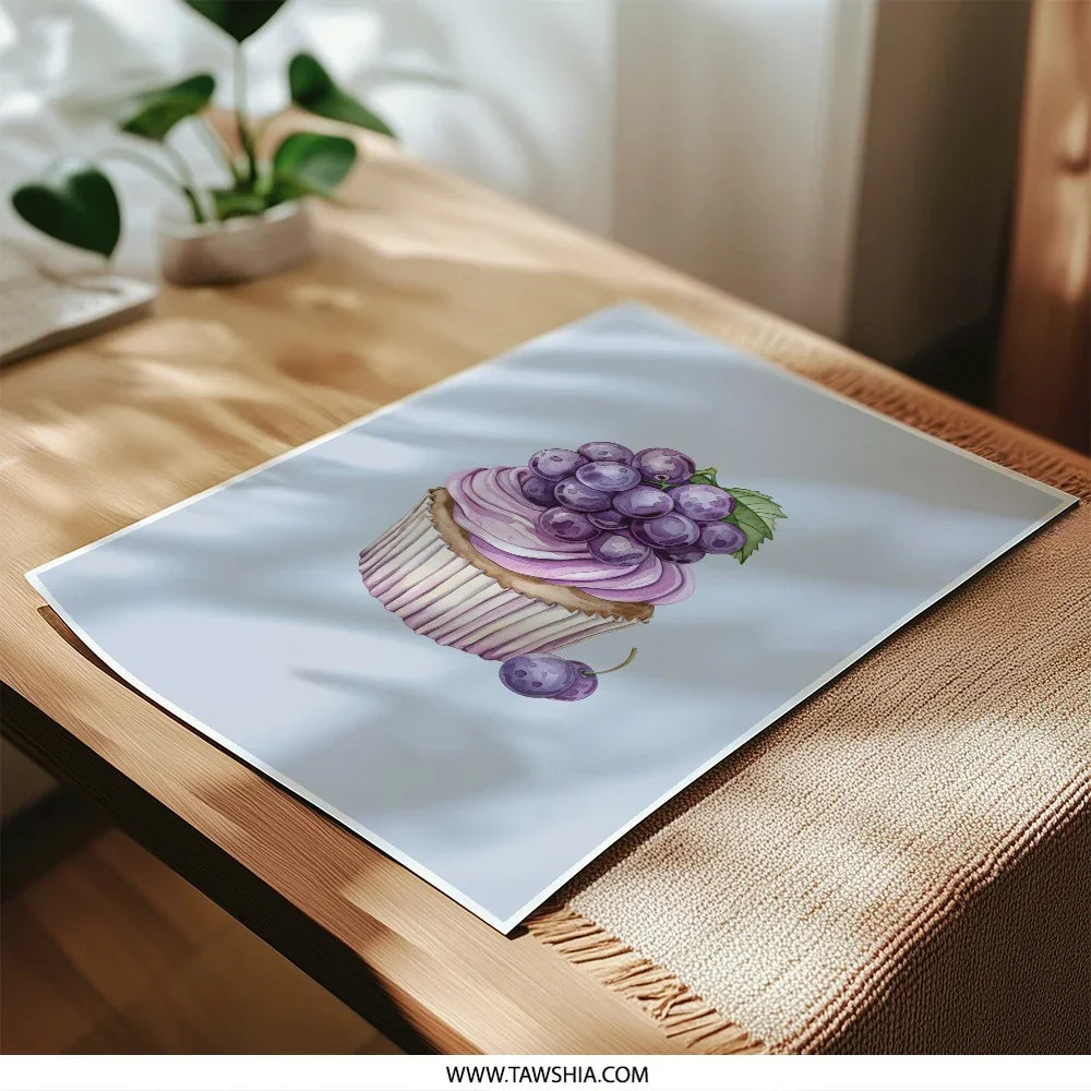 Grapes Cupcake Photographic Prints, Sweet Treat Wall Art, Kitchen Decor Prints, Watercolor Dessert Photography, Cupcake Print - Tawshia
