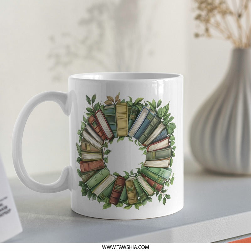 Book Lover Gift Mug, Literary Wreath Mug, Reader Gift, Books and Greenery Mug, Librarian Mug, Bookish Mug, Cozy Reading Gift, Novel Mug - Tawshia