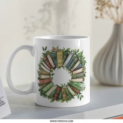 Book Lover Gift Mug, Literary Wreath Mug, Reader Gift, Books and Greenery Mug, Librarian Mug, Bookish Mug, Cozy Reading Gift, Novel Mug - Tawshia