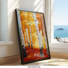 Autumn Birch Trees Wall Art, Fall Foliage Painting Print, Orange Landscape Decor, Seasonal Artwork, Nature Inspired Home Decor - Tawshia