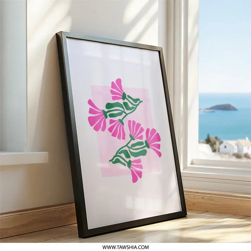 Pink Flower Wall Art, Floral Print, Botanical Home Decor, Minimalist Art Print, Trendy Wall Decor, Pink and Green Art, Framed Artwork - Tawshia