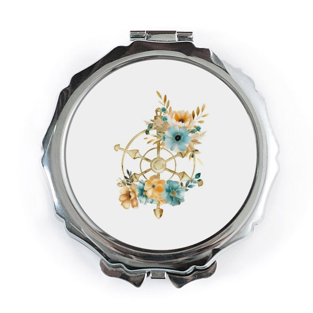 Floral Ship Wheel Pocket Mirror, Nautical Gift, Boating Accessory, Travel Mirror, Handbag Mirror, Cute Mirror, Compact Mirror - Tawshia