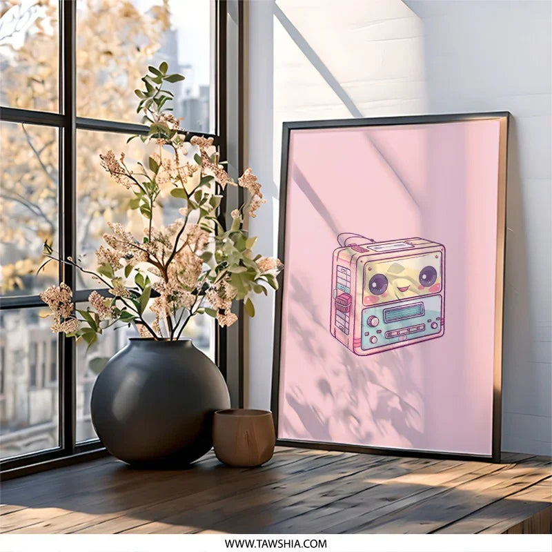 Cute Cassette Player Wall Art, Kawaii Decor Print, Pastel Pink Wall Decor, Retro 80s Music Gift, Aesthetic Room Decor, Music Lover Gift - Tawshia