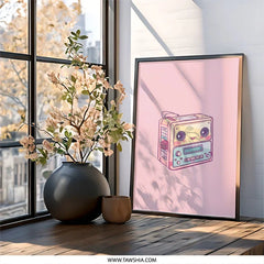 Cute Cassette Player Wall Art, Kawaii Decor Print, Pastel Pink Wall Decor, Retro 80s Music Gift, Aesthetic Room Decor, Music Lover Gift - Tawshia