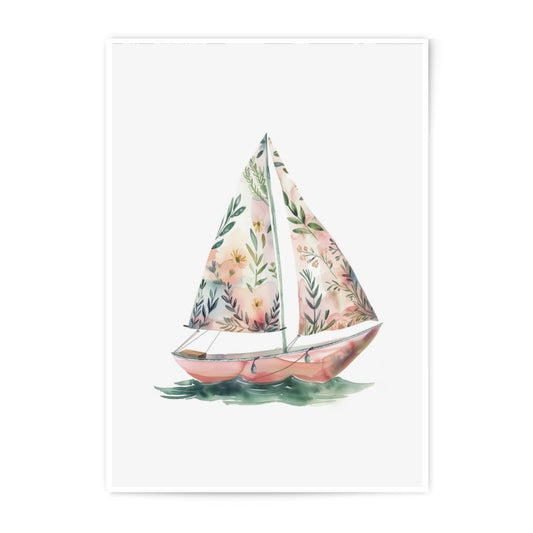 Floral Sailboat Photographic Print, Nautical Art, Coastal Decor, Watercolor Boat, Flower Boat Print, Wall Art - Tawshia