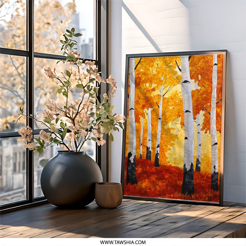 Autumn Birch Trees Wall Art, Fall Foliage Painting Print, Orange Landscape Decor, Seasonal Artwork, Nature Inspired Home Decor - Tawshia