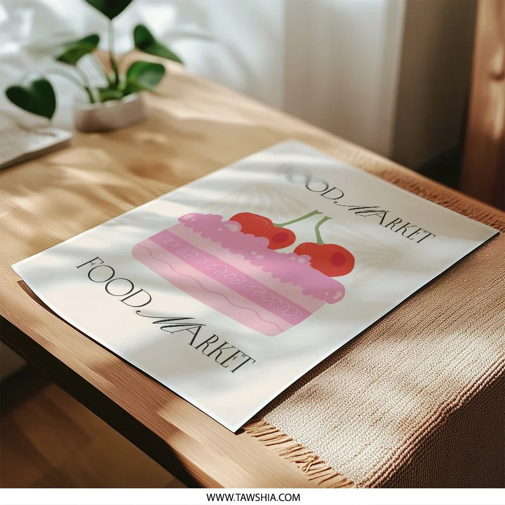 Food Market Photographic Print, Dessert Art, Kitchen Decor, Cherry Cake Poster, Minimalist Food Illustration, Restaurant Wall Art - Tawshia