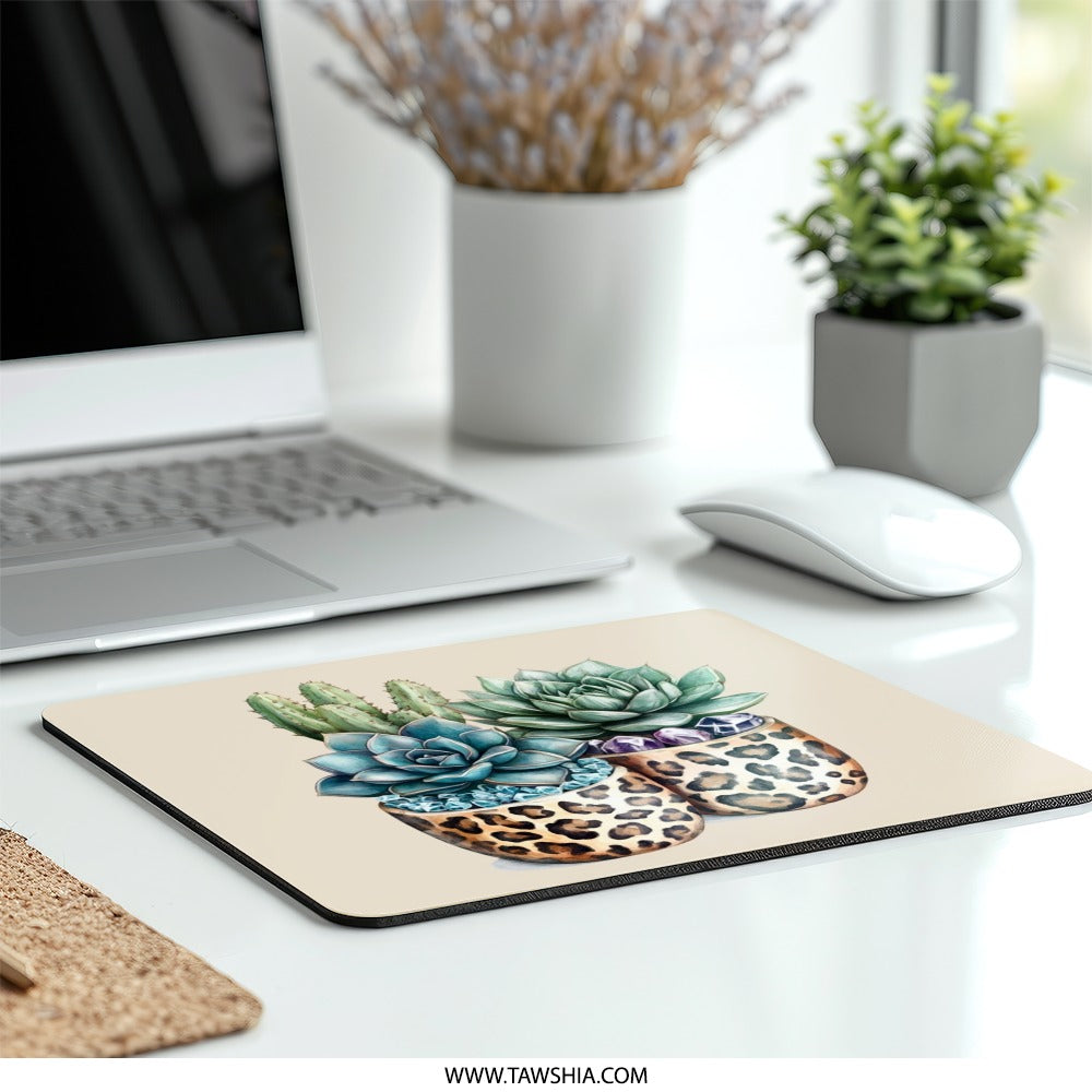 Leopard Print Succulent Mouse Pad, Cactus Mousepad, Botanical Art Desk Accessory, Stylish Work from Home Decor, Trendy Office Gift - Tawshia