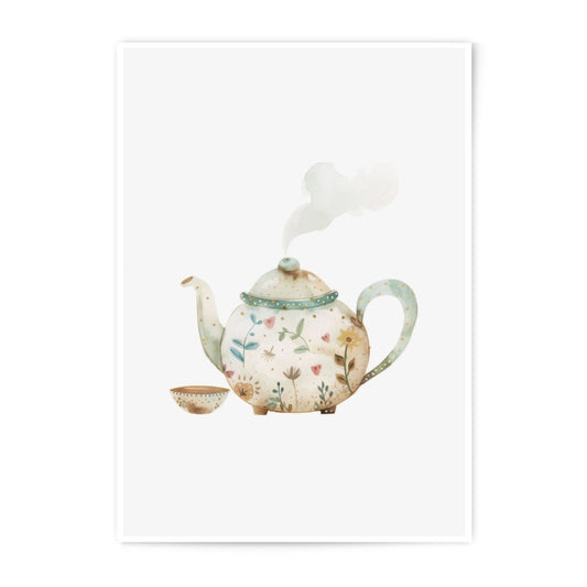 Watercolor Teapot Photographic Print, Floral Tea Pot Illustration, Kitchen Wall Art, Whimsical Art Print, Tea Party Decor - Tawshia