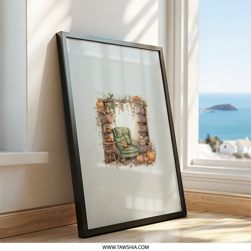 Cozy Autumn Reading Nook Wall Art, Pumpkin Bookshelf Print, Fall Home Decor, Seasonal Art, Wingback Chair, Book Lover Gift - Tawshia