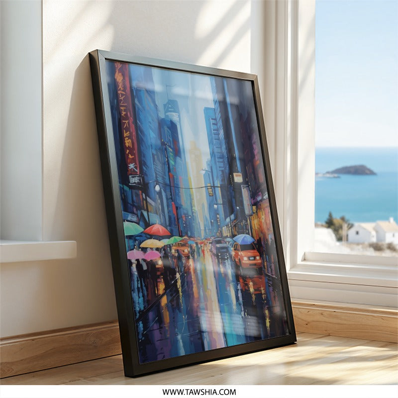 Rainy Cityscape Wall Art, Urban Canvas Print, City Street Scene Painting, Modern Wall Decor, Abstract City Art - Tawshia