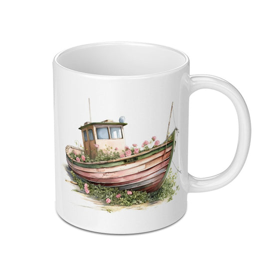 Floral Boat Mug, Watercolor Boat Mug, Unique Coffee Mug, Gift Mug, Decorative Mug, Boat Lover Gift, Coastal Decor Mug, Nature Mug - Tawshia