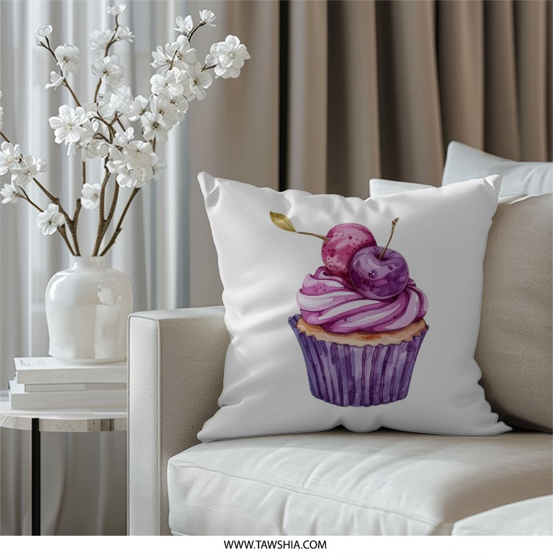 Cherry Cupcake Pillow, Watercolor Art Cushion, Sweet Treat Decor, Whimsical Food Pillow, Unique Gift Idea, Dessert Lover Gift - Tawshia
