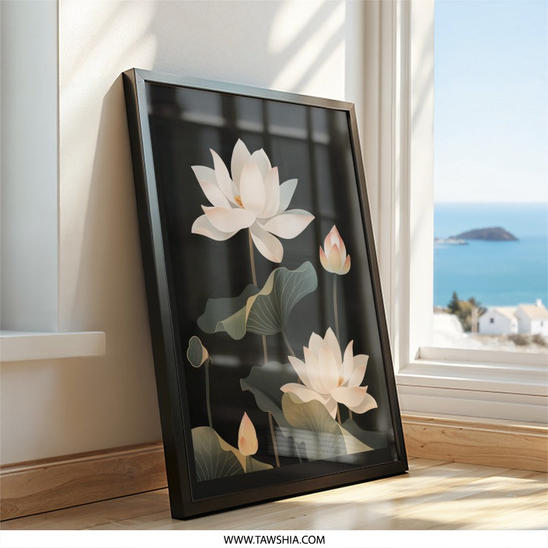Lotus Wall Art, Floral Print, Botanical Decor, Minimalist Wall Decor, Elegant Flower Art, Black Background, Nature Inspired Art - Tawshia