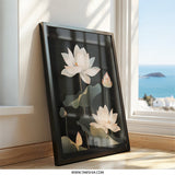 Lotus Wall Art, Floral Print, Botanical Decor, Minimalist Wall Decor, Elegant Flower Art, Black Background, Nature Inspired Art - Tawshia