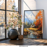 Mountain Cabin Wall Art, Autumn Landscape Print, River Scene Painting, Rustic Home Decor, Framed Art, Nature Artwork, Scenic View - Tawshia