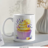 Lemon Cupcake Mug, Floral Mug, Lavender Mug, Spring Mug, Cute Mug, Watercolor Mug, Dessert Mug, Gift for Her, Food Mug - Tawshia