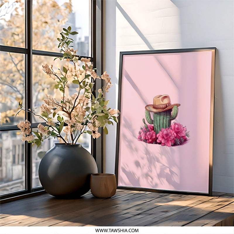 Cactus Wall Art, Cowboy Hat Print, Pink Flower Decor, Western Art Print, Desert Wall Decor, Cute Plant Art, Home Decor, Gift Idea - Tawshia