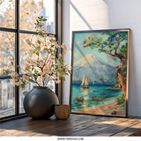 Tranquil Mountain Lake Wall Art, Sailboat Painting Print, Asian Inspired Artwork, Serene Landscape Decor, Peaceful Scenery Fine Art Print - Tawshia