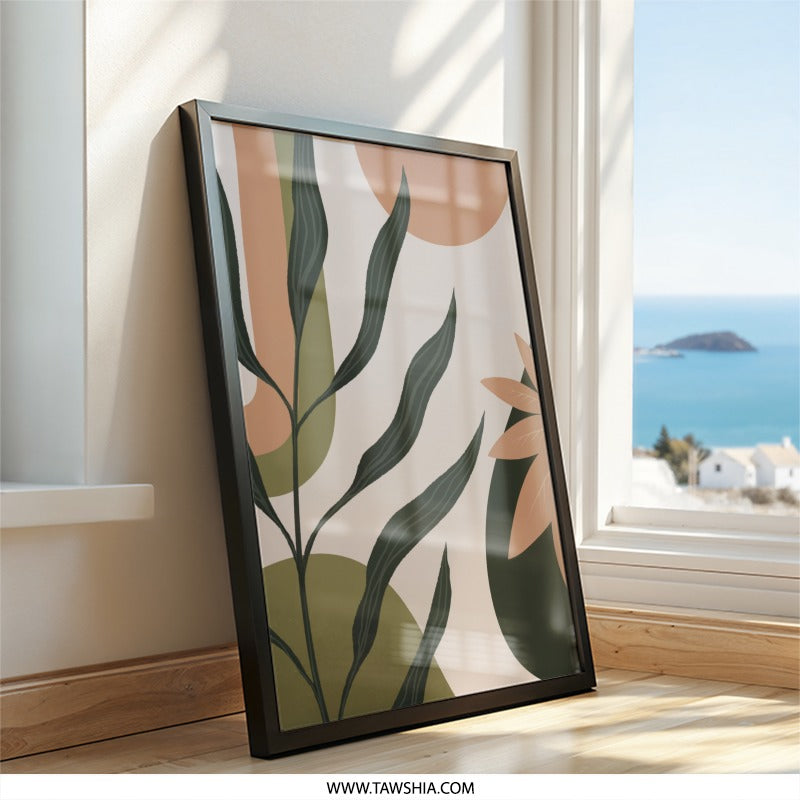 Abstract Botanical Wall Art, Modern Leaves Print, Earth Tones Artwork, Minimalist Plant Decor, Geometric Shapes Poster, Framed Art - Tawshia